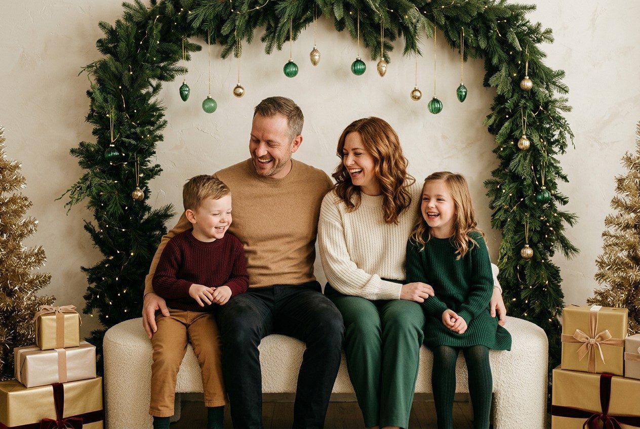 Family in burgundy and cream
