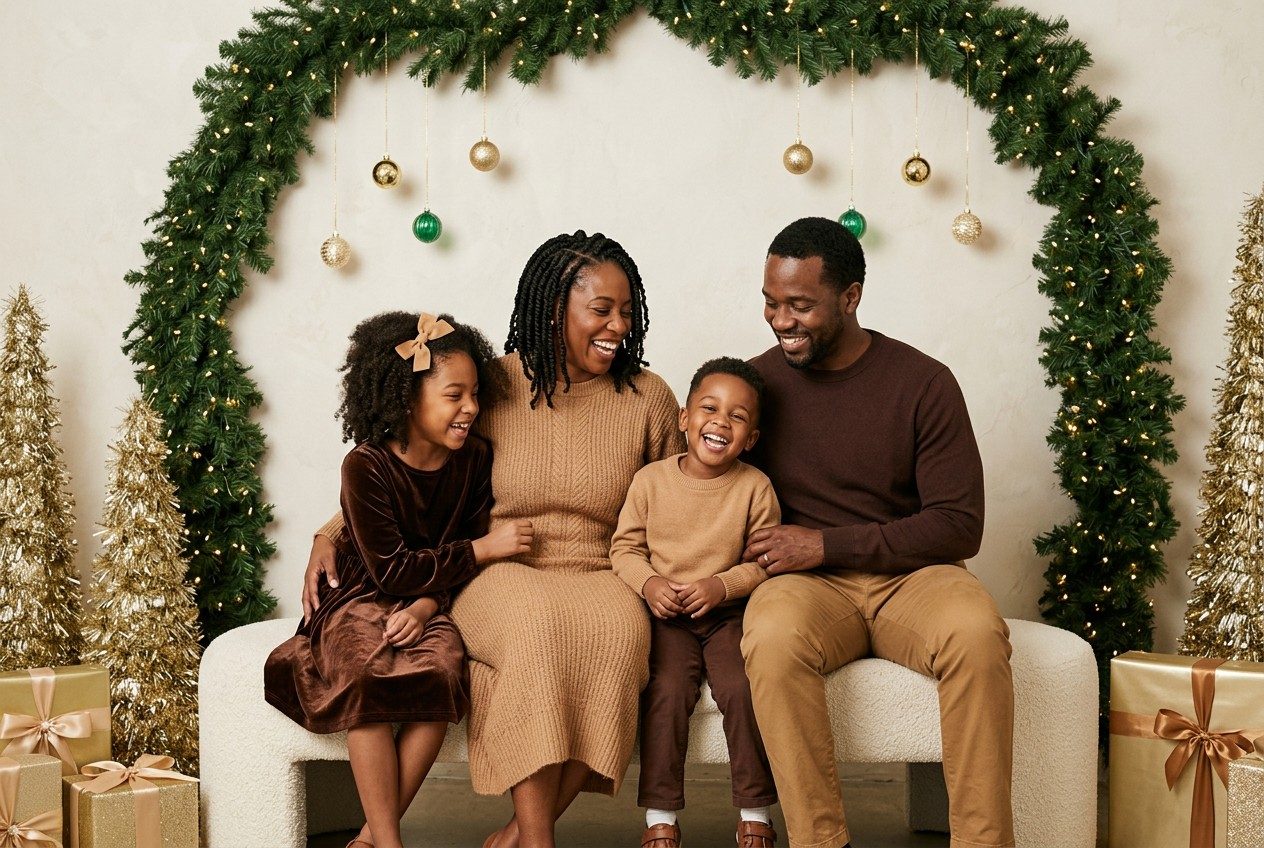 Family of four laughing on the cream bench
