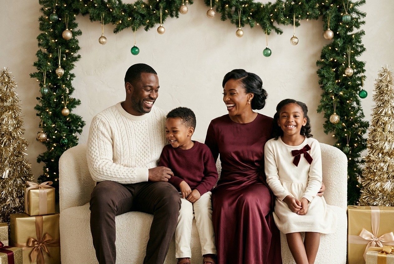 Family in cream and camel