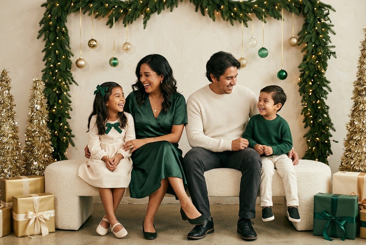 Family in forest green and cream
