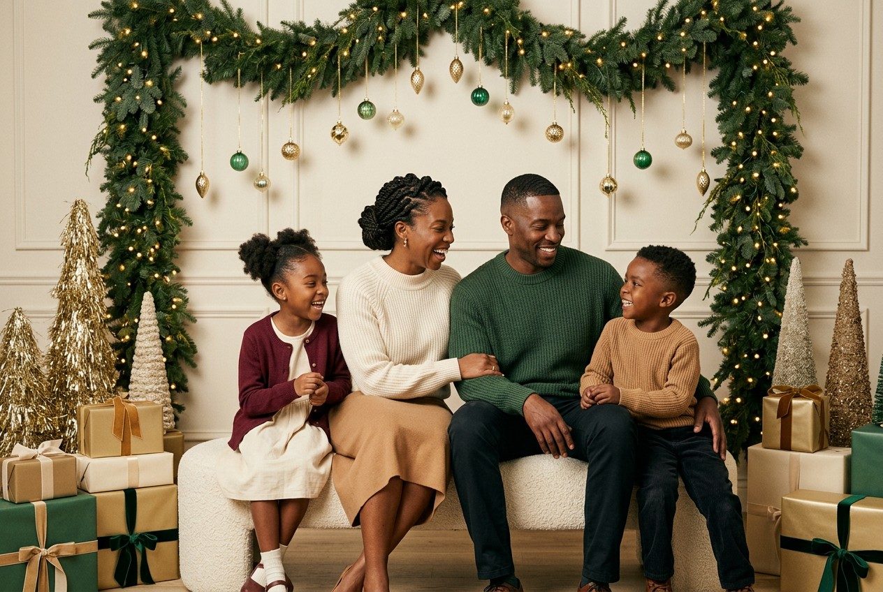 Family in forest green, cream and burgundy