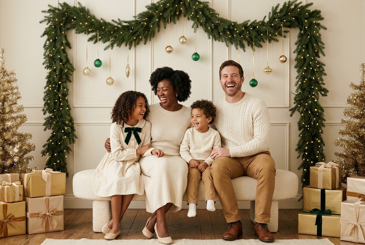 Family in cream knitwear