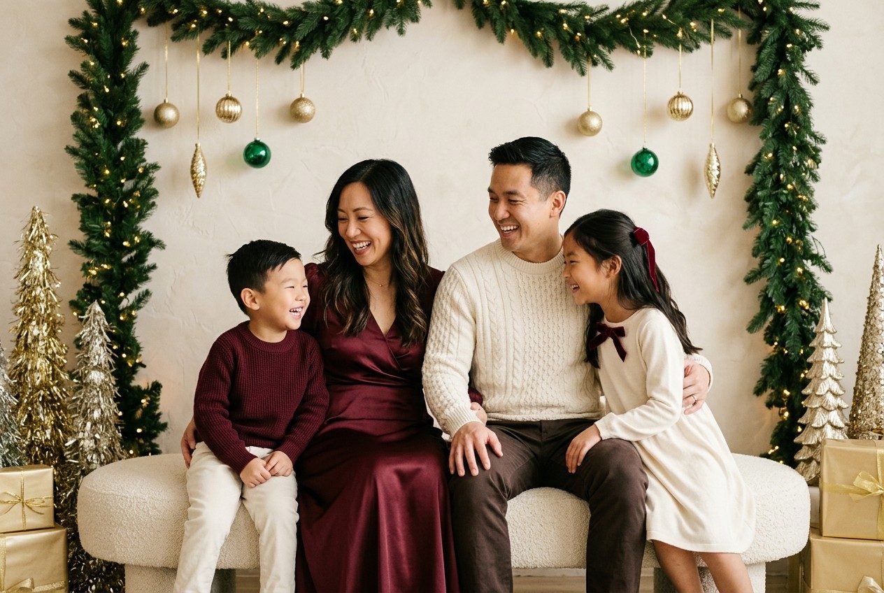 Family in burgundy and cream