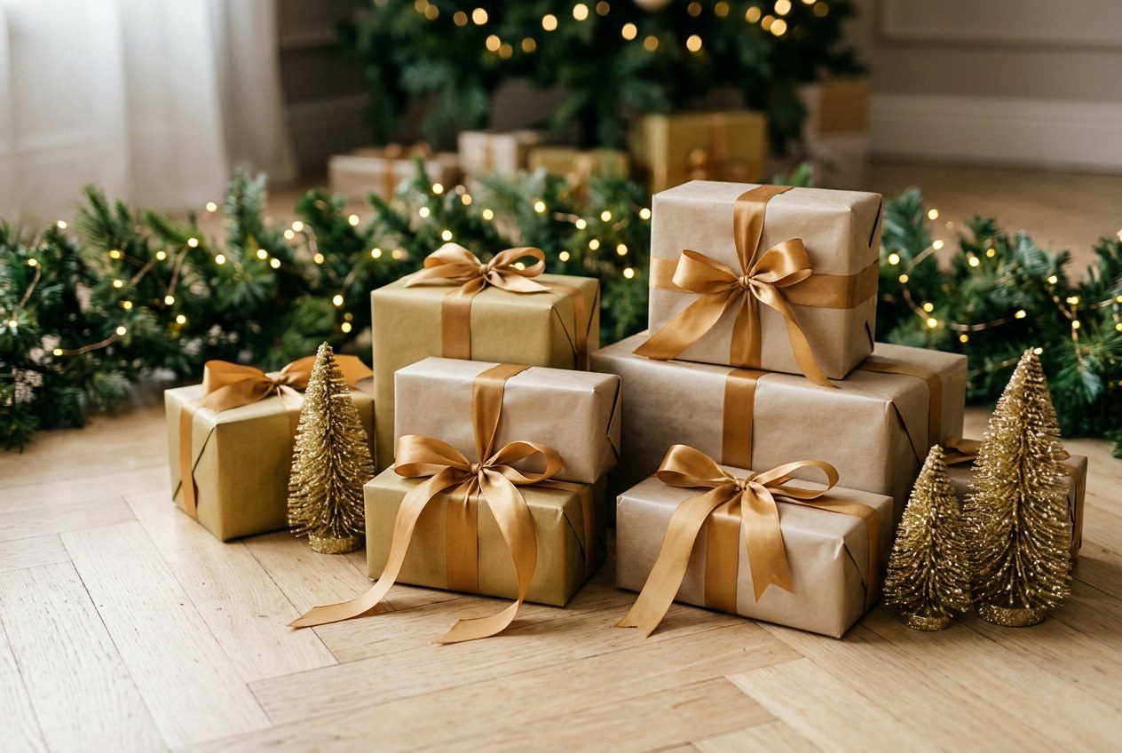 Gold wrapped gifts on the studio floor
