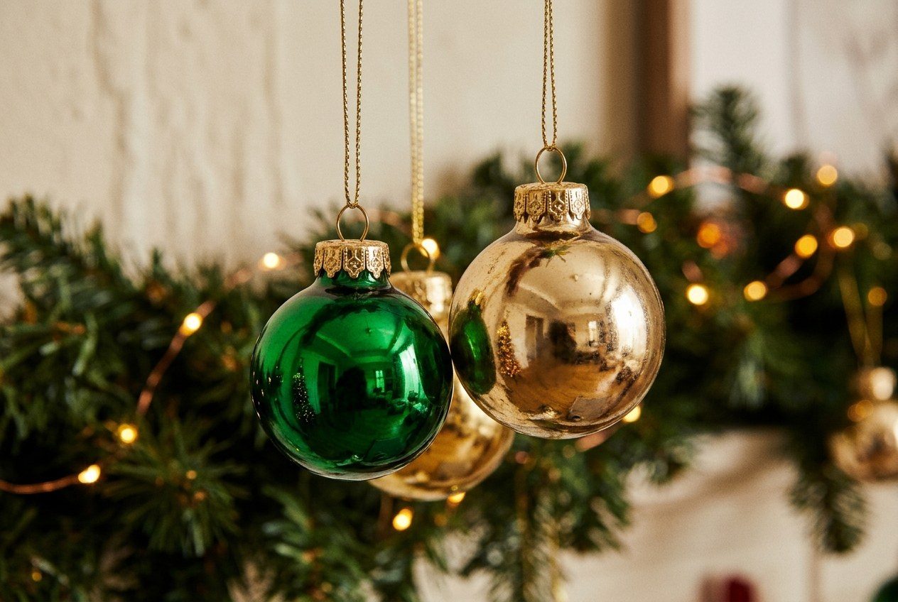 Gold and emerald glass ornaments